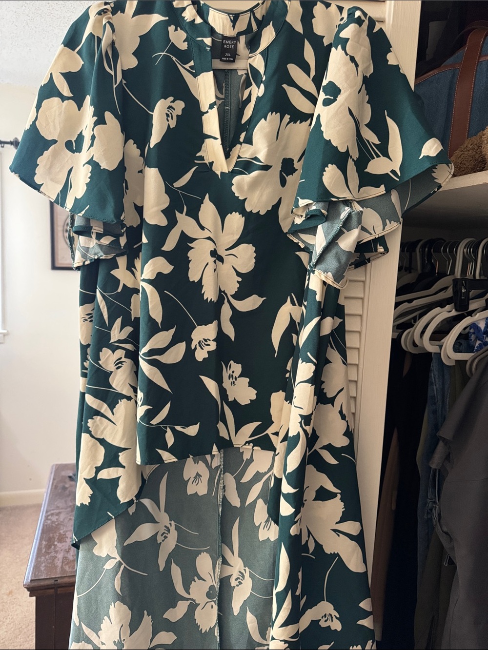 Floral High-Low Blouse with train in green and cream by Emery Rose